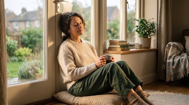 Peaceful Mature Woman Relaxing by Window with Coffee at Home. Concept of drinking coffee, serene woman. Copy space.