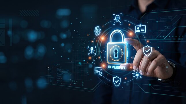Cybersecurity showing hand touching virtual glowing padlock and ID verification icons, representing digital security, data protection, privacy, authentication, and safe internet
