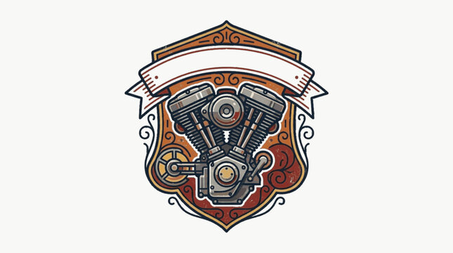 Vintage V-twin motorcycle engine illustration within a decorative shield crest featuring a blank white ribbon banner for custom text, isolated on a white background for branding.