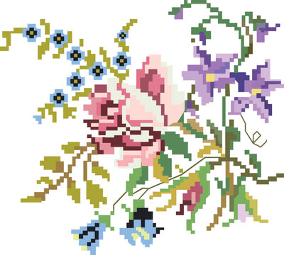 Pixelated vintage floral botanical design