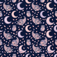 Naklejka premium Cozy autumn cornucopia pattern with wise owls and crescent moons in soft pink and purple for thanksgiving celebrations.