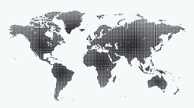 World map rendered as a grayscale dotted halftone pattern on a white background, symbolizing global reach.