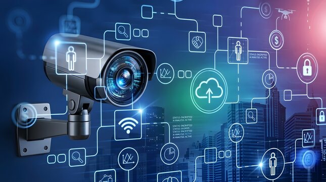 Modern Surveillance Security Camera System with Digital Network Connectivity and Data Cloud Integration Concept