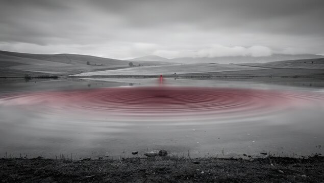 Red ripples spreading across a calm lake surface against a monochrome landscape