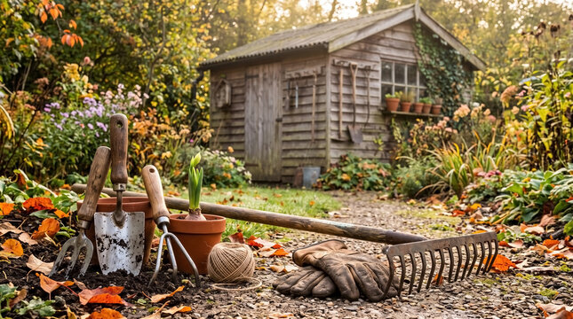 Rustic fall gardening tools, potted bulb, and rake rest on soil near fallen leaves. Weathered garden shed forms backdrop for productive fall gardening, preparing beds.