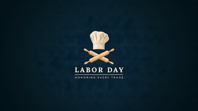 Labor day featuring a chef hat and crossed rolling pins on a dark blue textured background, with white text, honoring every trade here