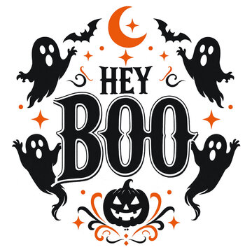 Hey boo halloween composition with multiple ghosts jack o lantern pumpkin bats pumpkin graphic halloween vector spooky design ghost characters halloween art boo typography creative