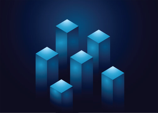 Isometric glowing 3d blue cubes and pillars representing data towers or technology
