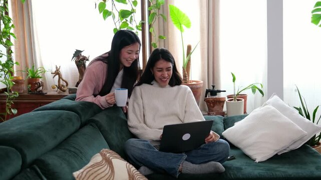 Smiling young women having fun using a computer together while relaxing in their cozy living room