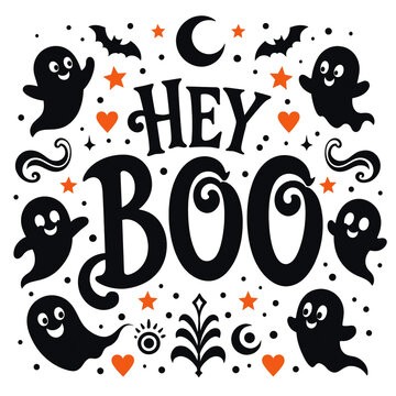 Hey boo halloween lettering with smiling ghosts stars and botanical elements halloween typography halloween design spooky lettering ghost vector halloween bats orange hearts crescent moo