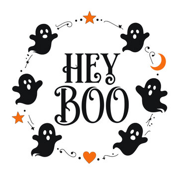 Hey boo halloween design featuring black ghosts surrounded by orange stars and crescent moon cute ghosts spooky season halloween typography ghost vector halloween illustration halloween