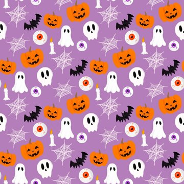 Halloween Seamless Pattern with Cute Spooky Pumpkins, Ghost and Bats
