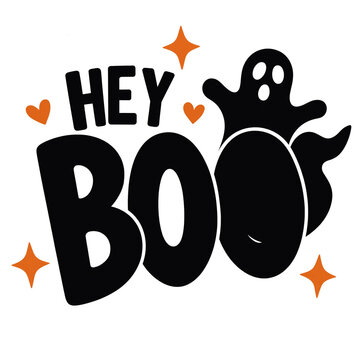 Hey boo halloween design with black ghost silhouette and orange decorative stars and hearts halloween vector spooky art ghost graphic halloween theme trick or treat cute ghost halloween