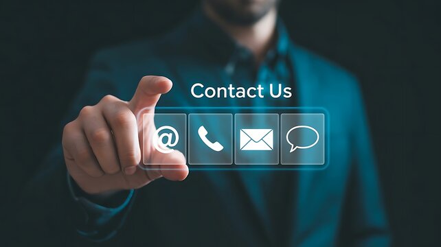 Businessman touching virtual screen displaying contact us options and communication icons