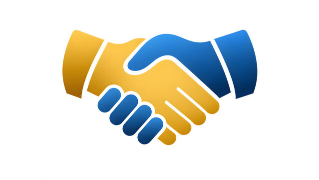 Business handshake icon vector illustration with a gold and blue hand shaking in agreement isolated on a clean white background