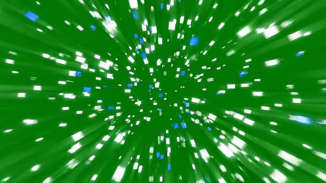 Digital glitch burst with blue and white glowing pixels expanding outwards isolated on a green screen background for VFX compositing