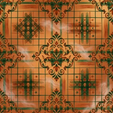Grunge halloween plaid pattern with skulls and green damask elements over orange watercolor texture for edgy decorations.
