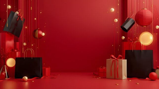 Festive Christmas Shopping Display Scene with Red Silk and Gold Ribbons
