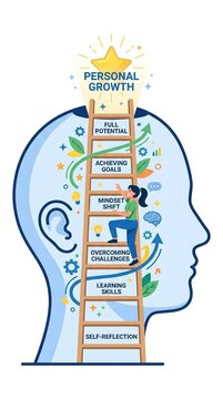 Conceptual illustration of a person climbing a ladder inside a human head towards a shining star representing personal growth and self-improvement milestones