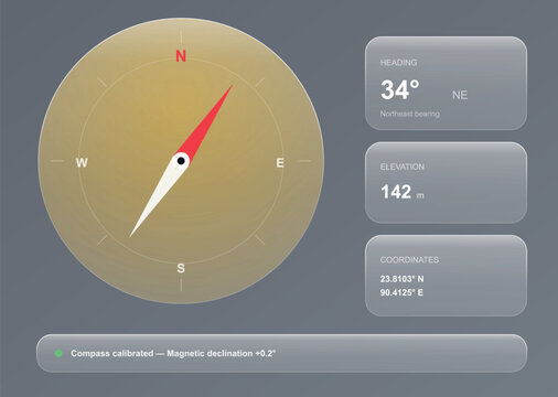 Glassmorphism compass app interface, digital navigation dashboard with heading and elevation, modern UI vector design