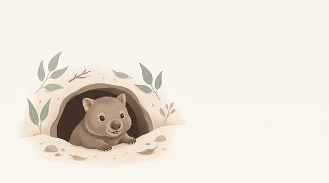 Young Wombat Peeking From a Sandy Burrow Illustration