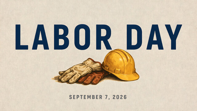 Labor day for september 7, 2026, showcasing a yellow hard hat and leather work gloves on a light textured paper background
