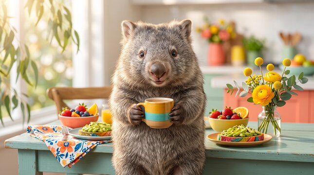 Playful Wombat Holding a Cup at a Colorful Breakfast Table