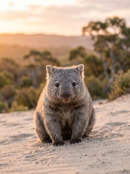 Front Facing Wombat Resting on Sandy Ground in Bushland