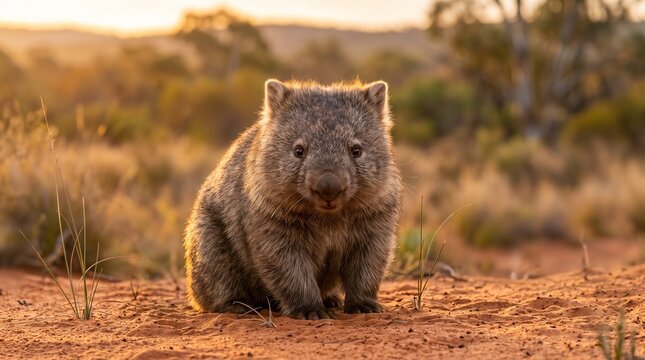 Wild Wombat Sitting in Golden Australian Bushland
