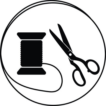 Minimalist black and white icon featuring a spool of thread and sewing scissors for tailoring and crafts