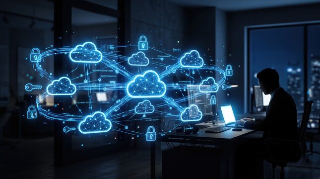 Silhouette of IT specialist working on laptop in dark office at night, surrounded by futuristic holographic cloud computing network interface with glowing blue data connections
