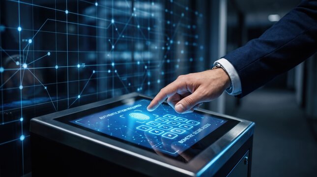 of hand using biometric fingerprint scanner for secure authentication, cybersecurity and identity verification, advanced digital security technology protecting sensitive data
