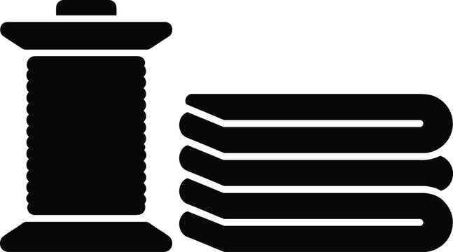 Black silhouette icon of a spool of sewing thread and a stack of folded fabric cloth pieces