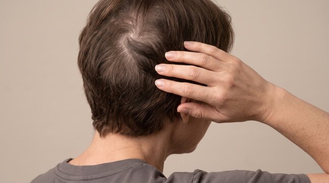 Rear view of woman with short brown hair suffering from alopecia and dandruff, scratching itchy scalp indicating hair loss problem, dermatology, health care, balding patch visible