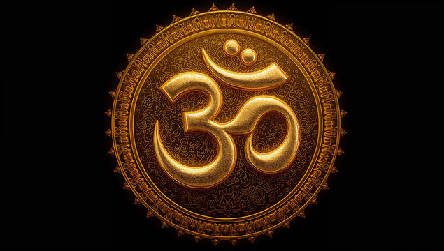 Glowing golden om symbol religious emblem against dark background with spiritual religion meditation buddhist consciousness universe spirituality philosophy tranquility mindfulness abstract