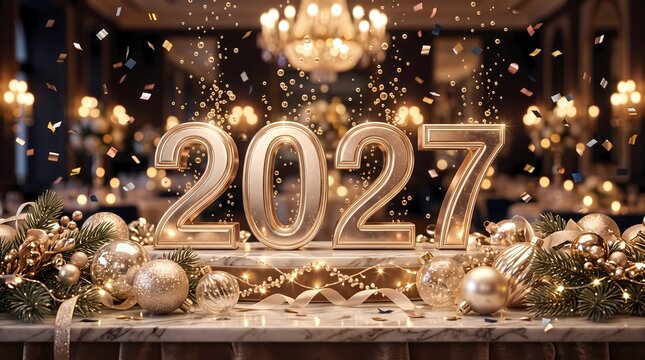 2027 New Year Celebration Golden Numbers Adorn a Luxurious Festive Party Setting with Sparkling Confetti