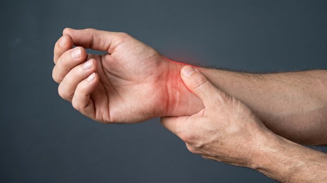 Man holding wrist in pain indicating carpal tunnel syndrome or tendonitis injury, red highlight on joint area, health care, repetitive strain injury, arthritis, medical treatment