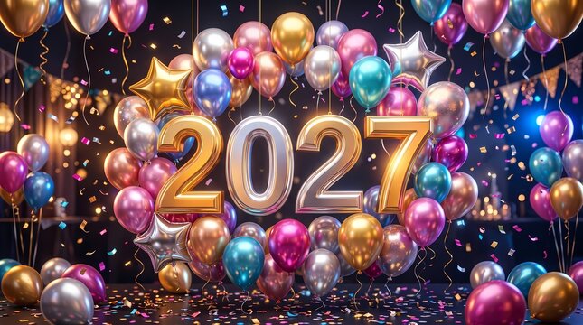 Happy New Year 2027 Celebration with Balloons and Confetti