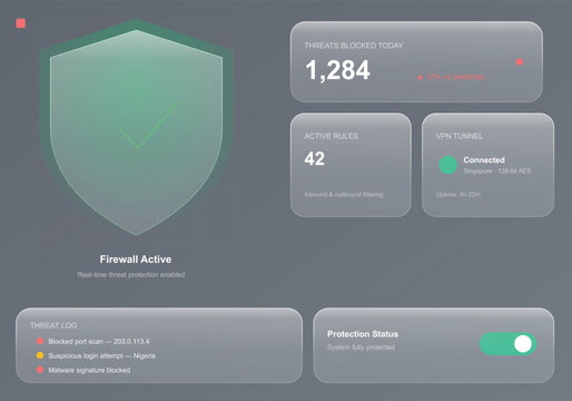 Cybersecurity dashboard with glassmorphism UI. Firewall protection shield and VPN tunnel status. Network security interface vector.