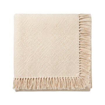 Folded beige throw blanket with fringe