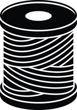 A simple black silhouette icon of a spool of thread used for sewing and tailoring projects