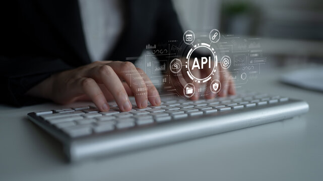 Hands Typing on Keyboard with API Icons and Digital Interface in Soft Focus, Representing Technology, Software Development, and Data Exchange. Entropy.