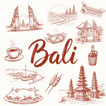 Bali Culture Landmark and Culinary Hand Drawn Sketch Doodle Vector Set
