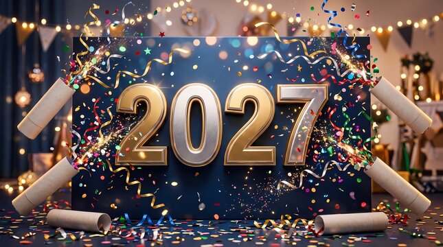 Festive New Year 2027 Celebration Concept with Confetti and Party Poppers