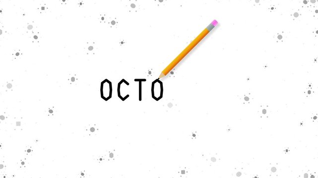 Creative Animation Showing a Yellow Pencil Writing the Word Octo on a Minimalist White Background with Floating Particles