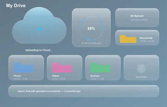 Glassmorphism cloud storage dashboard interface, modern UI design for file management, frosted glass web app layout with colorful folders