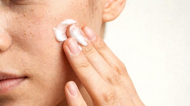 Woman Applying Skincare Cream to Cheek in Macro Beauty Close Up