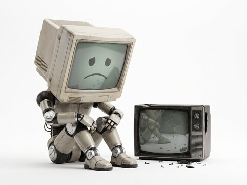 Sad Retro Computer Robot Sitting Next to a Broken Vintage Television