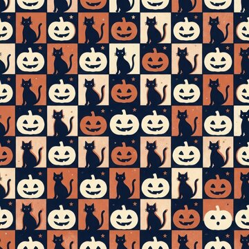 Classic Halloween checkerboard pattern with black cats and jack o lantern pumpkins in orange and cream tones.