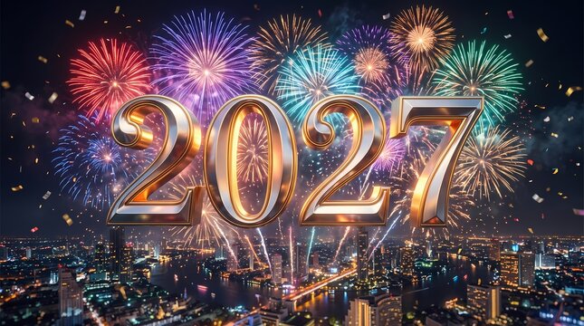 Happy New Year 2027 Golden Metallic Numbers With Fireworks Over City Night